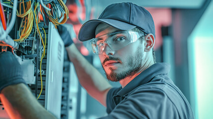 Skilled worker installing air conditioning unit in vibrant office environment filled with wires and tools