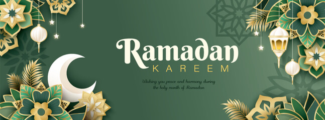 Islamic festival poster background design with flower, arabic calligraphy, crescent moon and lantern. Suitable for Ramadan Kareem , Hari Raya, Eid Mubarak, Eid al Adha.