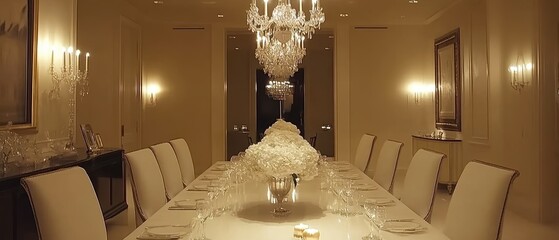 Elegant Dining Room with Chandelier and Lavish Floral Arrangement
