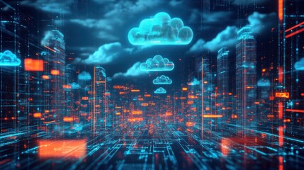 Techno-futuristic holographic city view, digital clouds hovering above, flying transportation pods, interactive public technology, neon glowing streetlines, vibrant data flows 