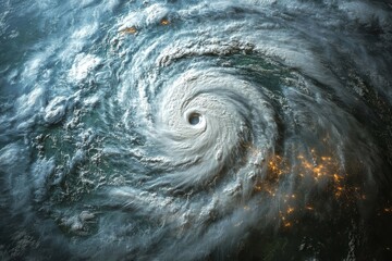 Satellite view of hurricane over Mexico, showing dark green and gray land masses, blue ocean, and intense eye surrounded by swirling white clouds.