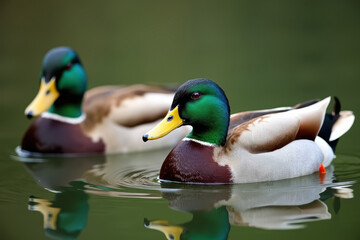 Obraz premium A close-up photograph of two ducks swimming in a pond.