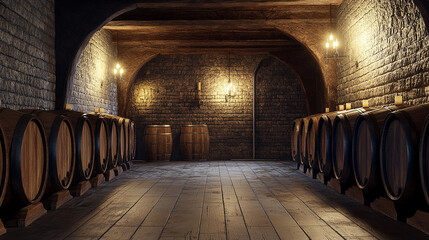 Fototapeta premium Rustic wine cellar with wooden barrels and brick walls