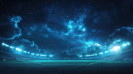 A night view of a football stadium under a starry sky, illuminated by bright floodlights.