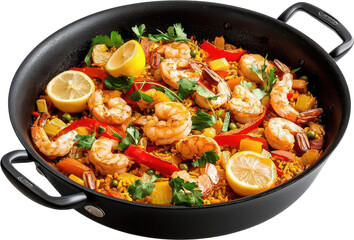 Vibrant shrimp paella with lemon and fresh vegetables in a black skillet.