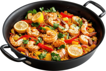 Vibrant shrimp paella with lemon and fresh vegetables in a black skillet.