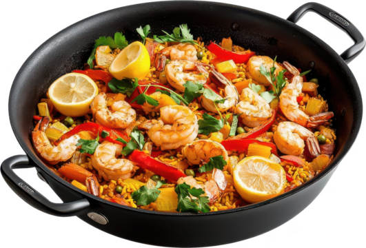 Vibrant shrimp paella with lemon and fresh vegetables in a black skillet. - Powered by Adobe