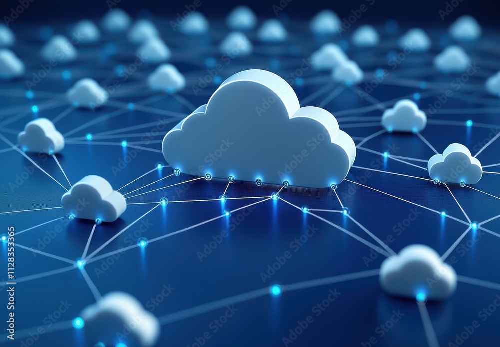 Poster abstract representation of cloud computing technology with interconnected clouds and glowing nodes i