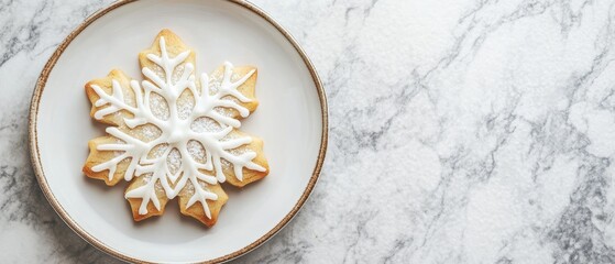 Snowflake Cookie on Plate with Icing Decoration for Winter Holiday