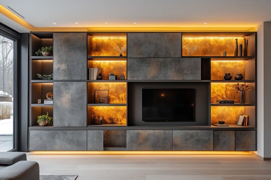 Modern entertainment unit with backlit shelves and a large TV, integrated into a sophisticated wall design.