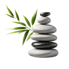 Fototapeta premium Balanced Stones with Bamboo Leaves Isolated on White Background