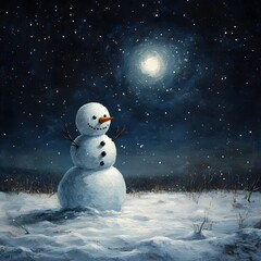 Obraz premium Solitary snowman reflects twinkling stars, moonlit snow-covered field