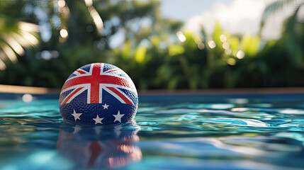 A vibrant beach ball featuring the Australian flag floats on the sparkling blue water of a swimming pool, surrounded by lush greenery.