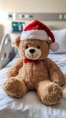 3D abstract marketing background featuring a teddy bear wearing a Santa hat sitting on a hospital bed, symbolizing hope, resilience, and care during difficult times. This heartwarming scene is perfect