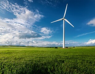 Fototapeta premium A wind turbine standing tall in a vast green field under a bright blue sky with scattered white clouds, clean energy concept.