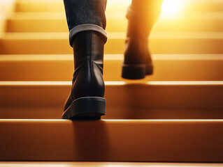 Elegant legs in red high heels ascending a bold, red staircase, evoking a sense of sophistication, fashion, and determination in a vibrant scene.