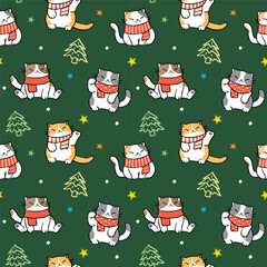 Seamless Pattern with Christmas Theme of Cute Cartoon Cat Design on Dark Green Background. Hand Drawn Vector Illustration.