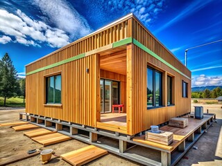 Fototapeta premium Modern Prefabricated Wooden Modular Home: Macro Photography of Construction Details
