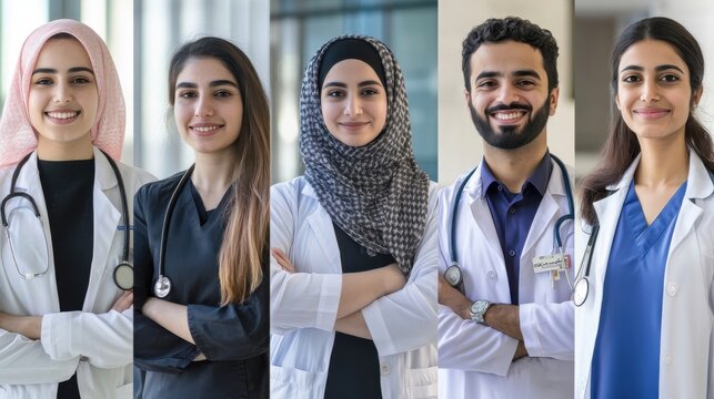 A collection of portrait photos of Middle Eastern physicians, from interns to specialists, smiling in healthcare facilities