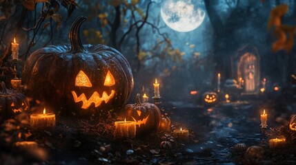 Naklejka premium spooky halloween scene with carved pumpkins and candles