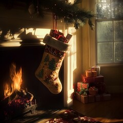 Vintage Christmas Stocking by Fireplace