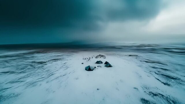 Chukchi community in Arctic tundra, with teepees and reindeer surrounding settlement. Lifestyle demonstrates adaptation to worlds harshest climates, while preserving ancestral ways. Northern concept