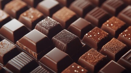 Assorted dark chocolate squares in a box, some dusted with cocoa. Perfect for websites, blogs, or packaging related to chocolate, confectionery, or luxury goods.