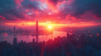 Fototapeta premium Vibrant red sunrise over a sprawling cityscape, with skyscrapers silhouetted against the fiery sky and a calm body of water in the foreground.