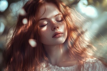 Natural light highlights a woman with flowing red hair in a serene outdoor setting