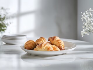 A plate of freshly baked croissants on a marble table, surrounded by delicate flowers.
