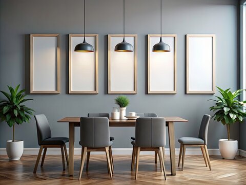 Macro Photography Empty Poster Mockup: Charcoal Gray & White Wall Gallery, 5 Vertical Frames, 3D Illustration