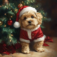 A Playful Pup in Santa Suit by Christmas Tree, Wagging Tail, Mischievous Eyes
