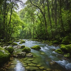 Obraz premium Lush Green Forest with Flowing Stream, Serene River in a Mossy Woodland, Peaceful Nature Scene with Clear Water and Greenery