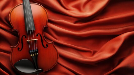Obraz premium Elegant Violin Resting Gracefully on Luxurious Red Cloth, Highlighting Its Craftsmanship and Beauty While Evoking a Mood of Passion and Artistry.
