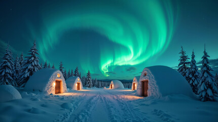 an igloo village glowing with auroras colors