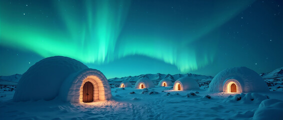 an igloo village glowing with auroras colors 