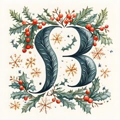 A playful hand-drawn font with snowflakes and holly berries spells out initials.
