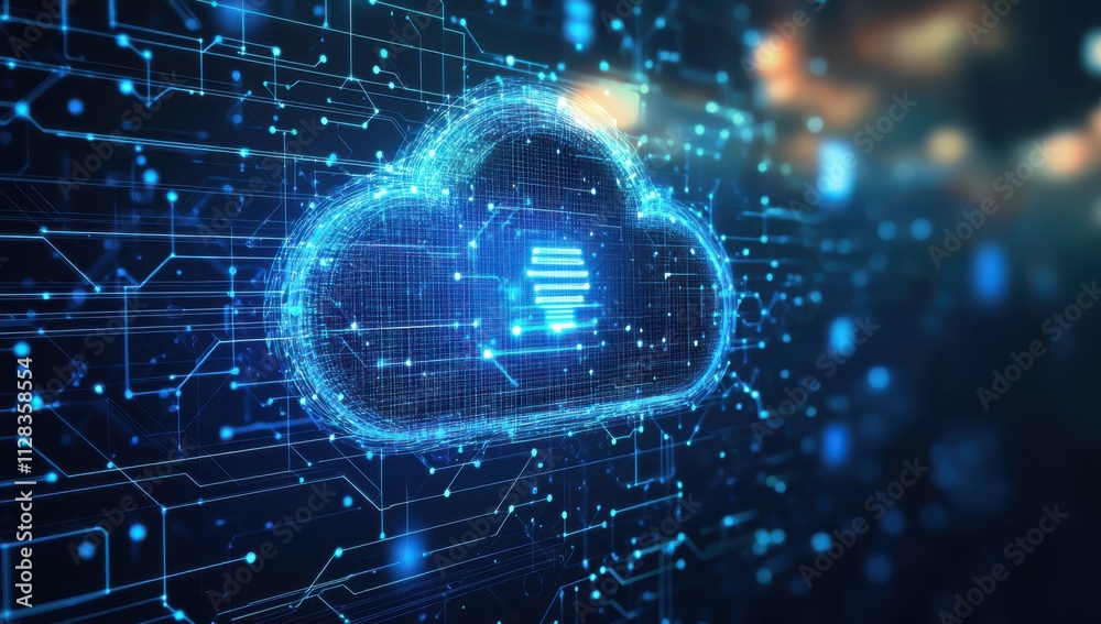 Poster futuristic digital cloud icon representing data storage and transfer with connected lines and circui