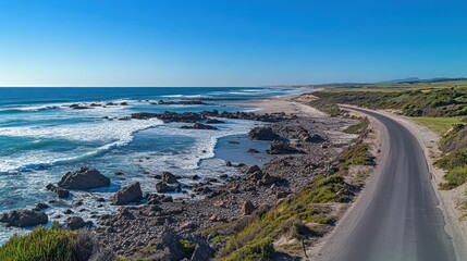Obraz premium Highway with winding curves along the coastline, waves crashing against rocks, clear blue skies, 