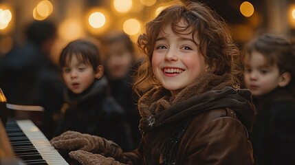 Joyful Child Playing Piano in Festive City Lights
