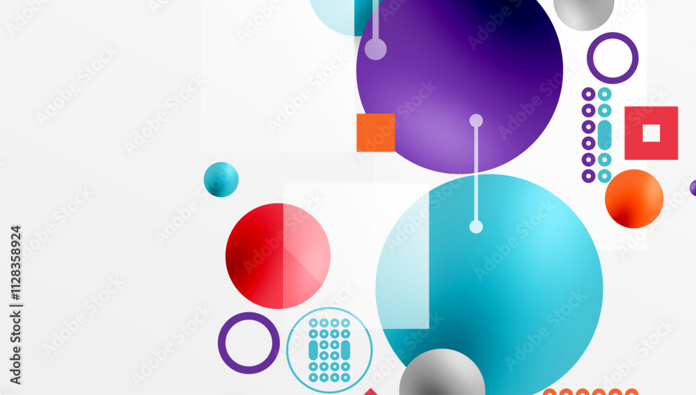 Poster Minimalistic abstract vector design, layered geometric shapes circles, squares, and triangles with soft pastel gradients and semi-transparent effects. Perfect for contemporary use