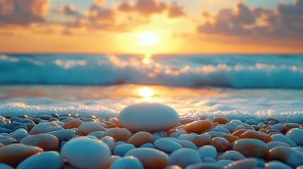 Pebble beach with soft waves creating a serene and beautiful coastal landscape.