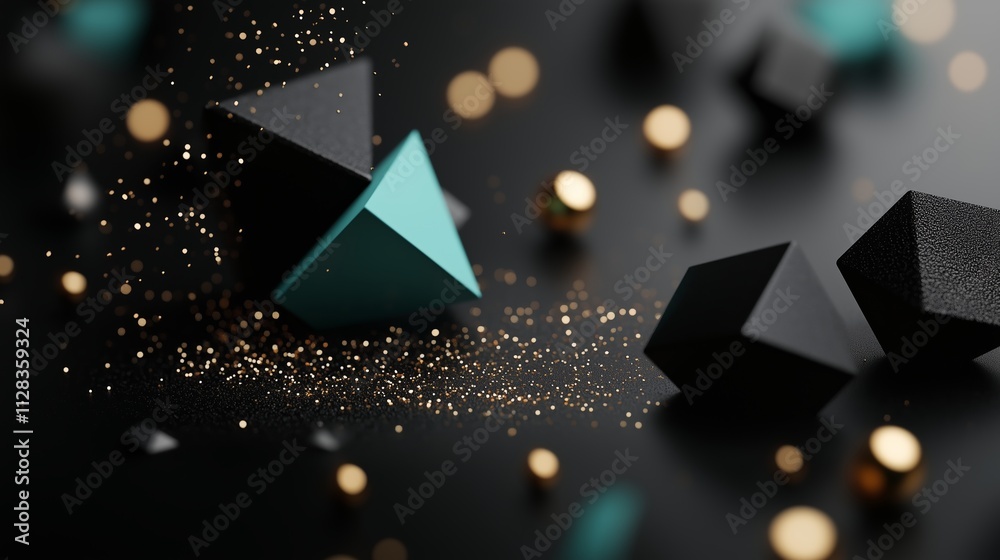 Poster geometric shapes and sparkling particles create an abstract composition in a dark setting