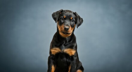 Fototapeta premium Adorable rottweiler puppy posing against minimalist gray background