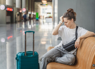 Young tired unhappy woman traveler waiting for flight or train departure with suitcase and at...