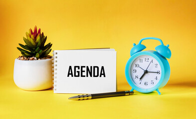 On a yellow background there is a cactus, a black pen, a watch and a notebook with the text of the AGENDA. Business concept.