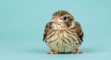 Obraz premium Curious juvenile finch on gentle blue backdrop for nature and wildlife themes