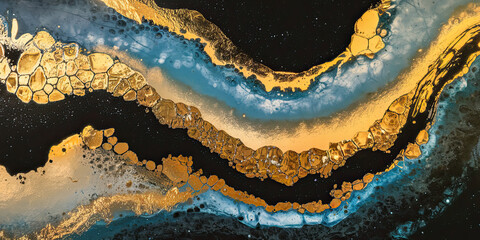 Abstract Gold Teal Black Fluid Art Painting Texture