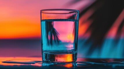 showcasing simplicity and clarity concept. Glass of water reflecting a colorful sunset background.