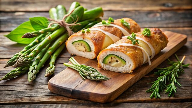 Cutlet de Volatile, wrapped chicken cutlet with cooked green asparagus served on a wooden table.